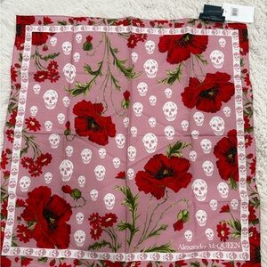 Alexander McQueen Red and Pink Skull Scarf with tag. 50cmx50cm